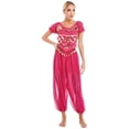 thumbnail image 3 of IEFIEL Womens Belly Dance Performance Costume Outfit Sparkly Sequins Lace-up Back Crop Top with Harem Pants Dancewear Hot Pink XL, 3 of 7