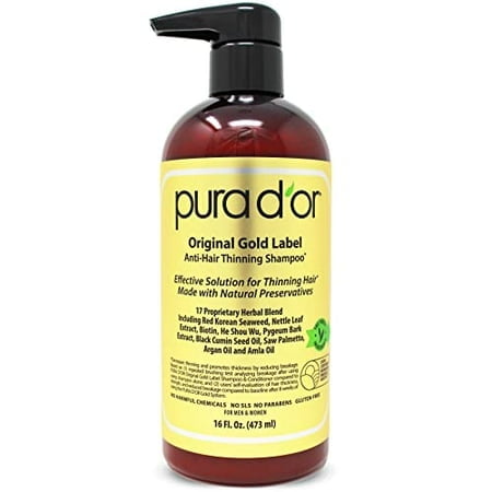PURA DOR Original Gold Label Anti-Thinning Biotin Shampoo (16oz) w/ Argan Oil, Nettle Extract, Saw Palmetto, Red Seaweed, 17+ DHT Herbal Actives, No Sulfates, Natural Preservatives, For Men & Women