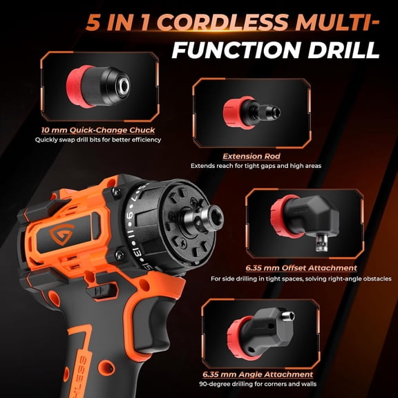 21V Brushless Cordless Drill Driver Kit with 5-in-1 Multi- System, 2 Batteries, Charger, Right Angle & Offset Adapters for Home  and Automotive Repair