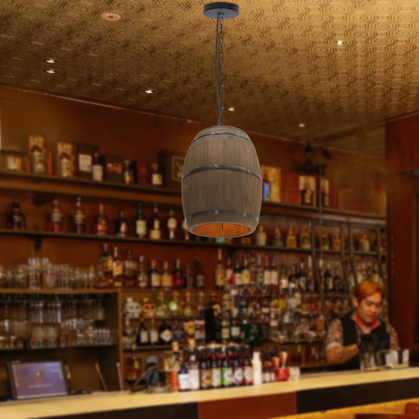 Dwellnix Adjustable Whiskey Barrel Decor Pendant Light, Vintage Wine Barrel Chandelier for Kitchen Island, Living Room Decor