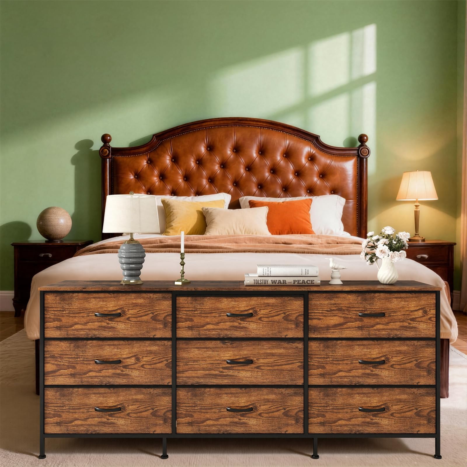 Kicctian 9-Drawer Dresser 63" Long TV Stand with Wooden Top & Fabric Storage Dresser for Bedroom,Living Room,Brown