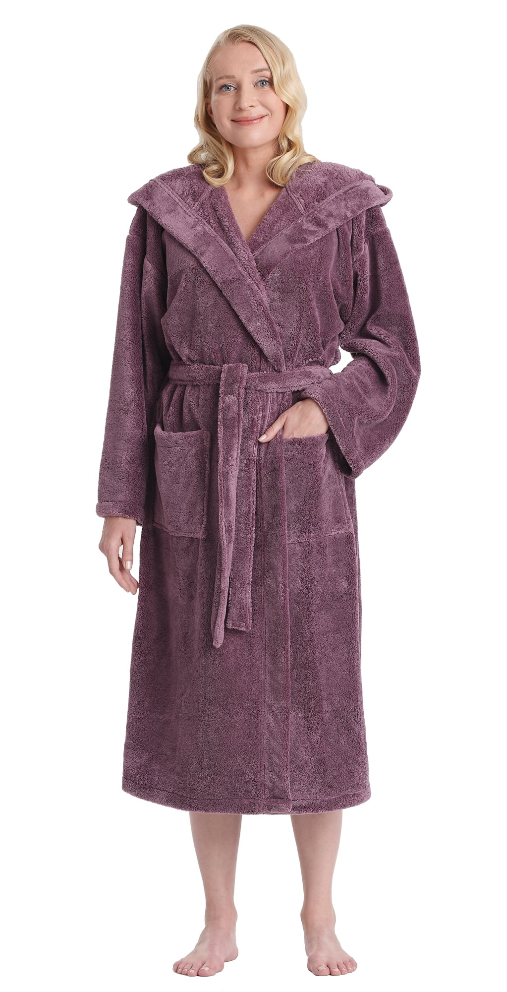 Arus - Women's Hooded Satin Look Fleece Plush Robe Turkish Bathrobe ...