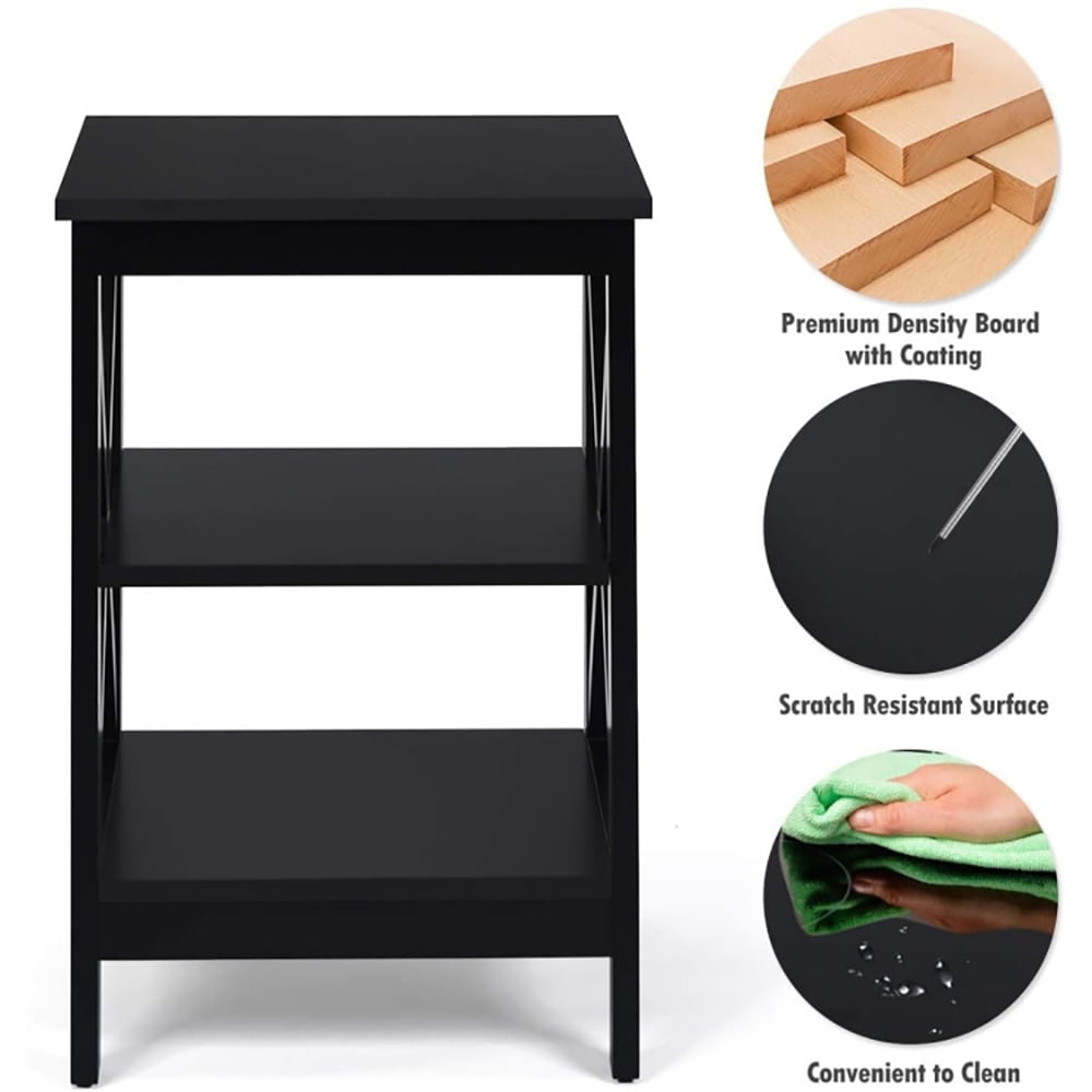 Finihen End Table, 3-Tier X-Design Nightstands with Storage Shelves, Bed Side Tables, for Living Room, Bedroom, Black Finihen End Table, 3-Tier X-Design Nightstands with Storage Shelves, Bed Side Tables, for Living Room, Bedroom, Black