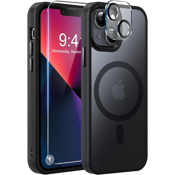 Strong Magnetic for iPhone 13 Case, [Compatible with Magsafe][Screen Protector Camera Lens Protector] Translucent Matte Back Slim Shockproof Case for iPhone 13 Phone Case 6.1", Black