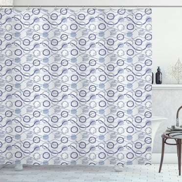 Blue Nautical Shower Curtain, Belts with Buckle on a Background of Abstract Polka Dots, Fabric Bathroom Set with Hooks, 69W X 70L Inches, Blue Violet and Pale Purpleblue, by Ambesonne