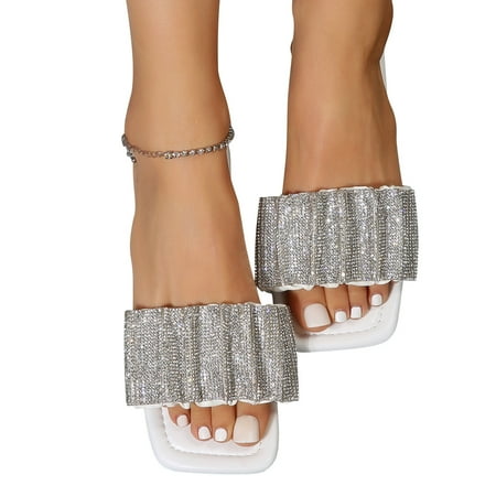 

Jacenvly 2024 New Fashion Wrinkled Diamond Leather Surface Flat Women s Shoes Slotted Sandals Summer Casual Slippers Silver Sandals for Women Clearance