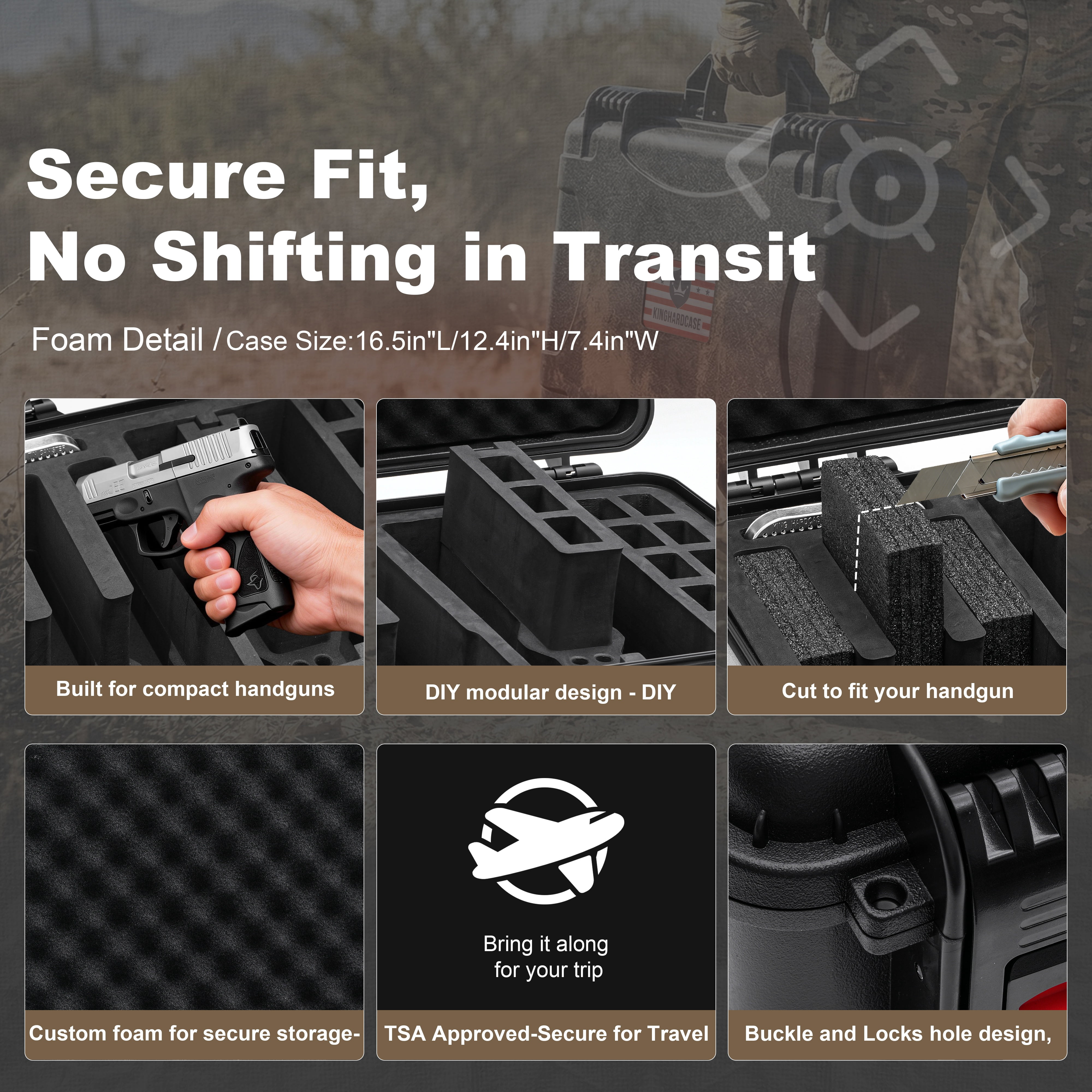 Hard Handgun Case for 5 Pistols Up to 6.6", Waterproof TSA Lockable Storage Box with Pre-Cut Foam, for Home, Travel & Shooting Range