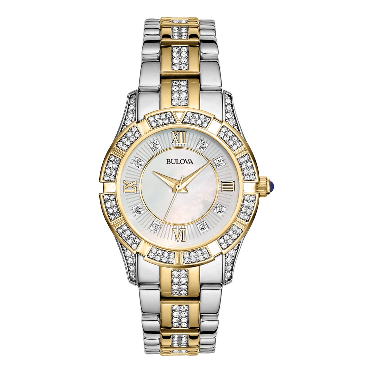 Bulova Women s Two Tone Turnstyle Crystal Accent Watch with Mother of Pearl Dial 98L246 Walmart