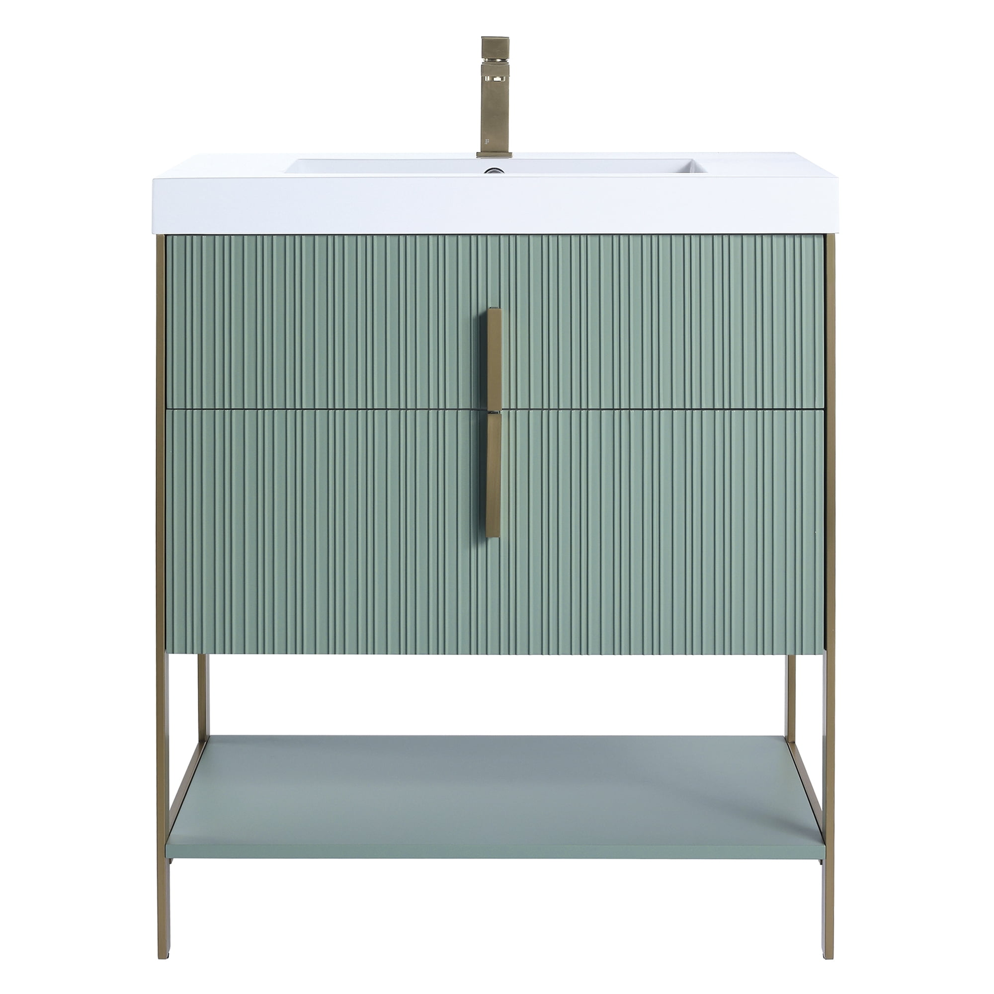 Fine Fixtures Serenity 30 in. W x 18 in. D x 33.5 in. H Bathroom Vanity in Mint Green with White Gel Coated Thick Edge Top with Satin Brass Hardware