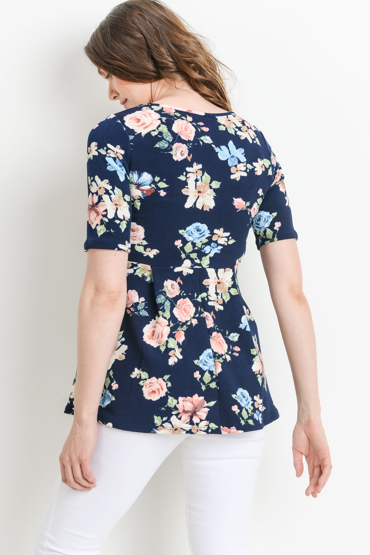 LaClef Women's Floral and Polka Dot Pleated Peplum V Neck Maternity Top