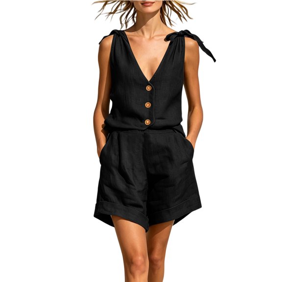 Mifsaly Linen Two Piece Set Women Tie Strap Sleeveless V-Neck Button Down Tops and High Waist Shorts Lightweight Casual Summer Travel Beach Outfits Black,XL