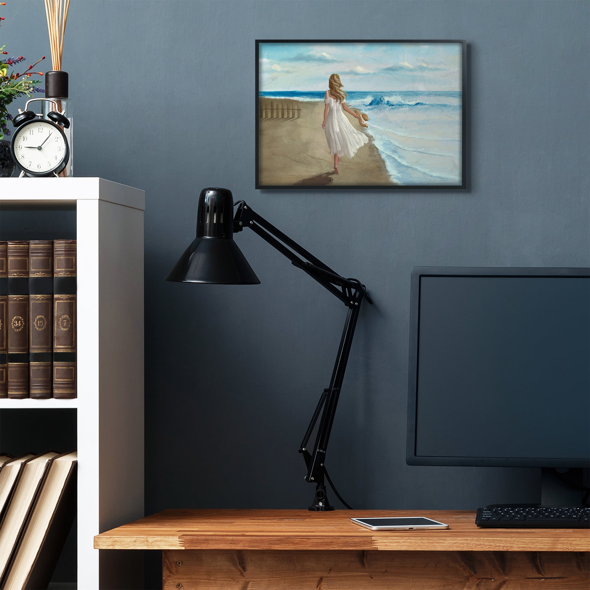 Stupell Industries Walk On The Beach Blue Ocean Painting Black Framed Art Print Wall Art, 16x20, by Ziwei Li