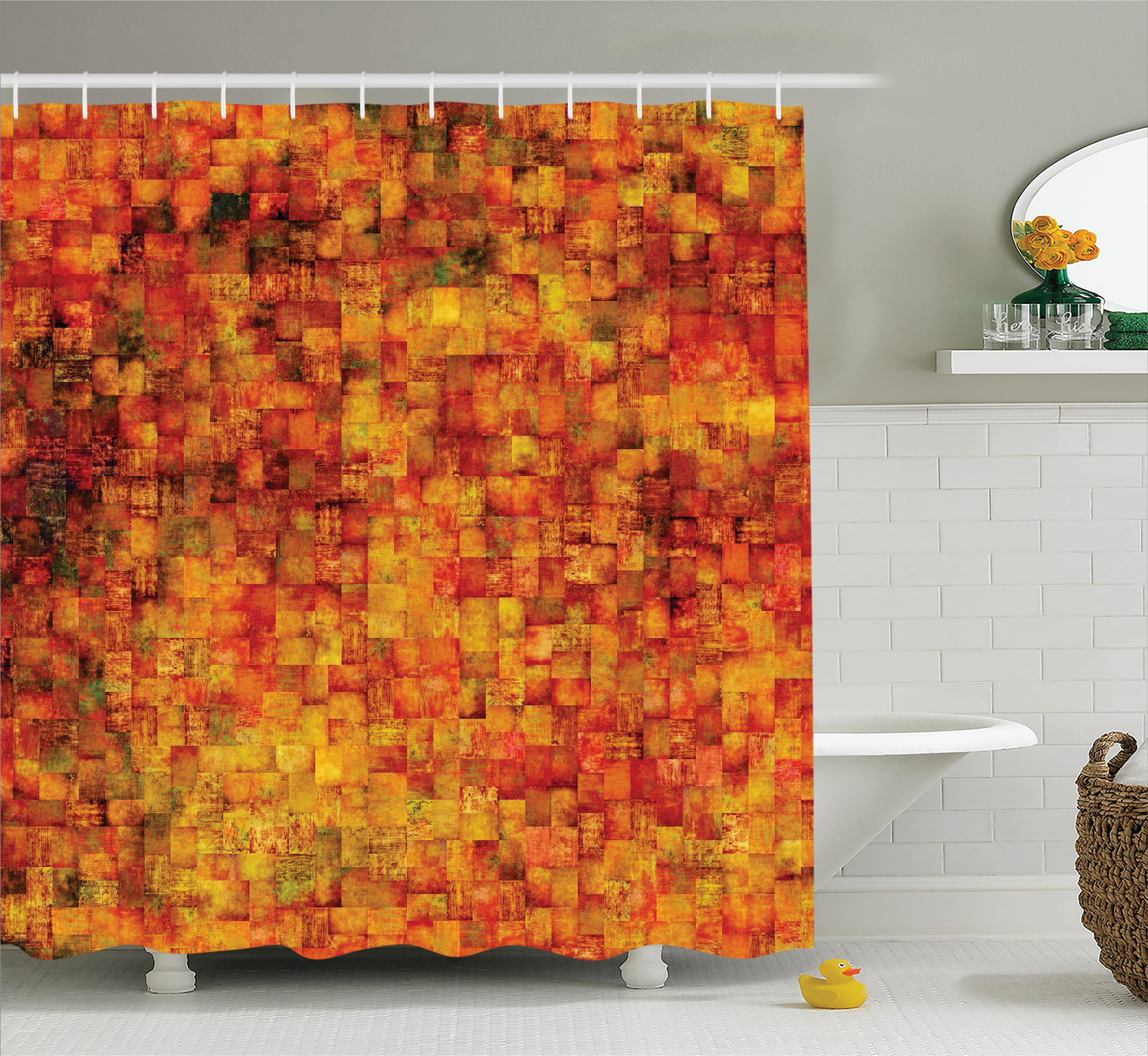 Burnt Orange Shower Curtain Vintage Mosaic Background Quadratic Little Geometric Squares Faded Print Fabric Bathroom Set With Hooks Mustard