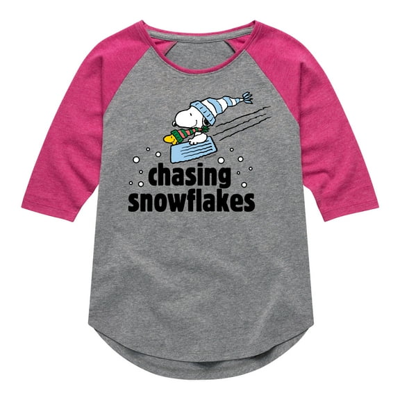 Peanuts - Snoopy & Woodstock Chasing Snowflakes Christmas - Toddler And Youth Girls Raglan Graphic T-Shirt