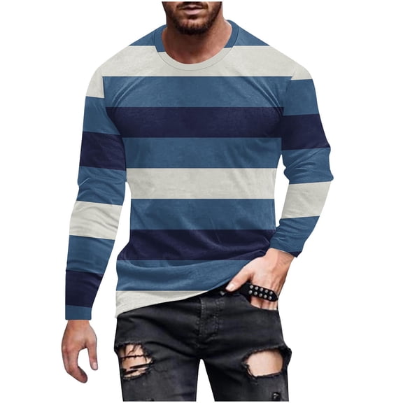 GuangCheng Mens T-Shirts Striped Crewneck Long Sleeve Color Block Casual Pullover Basic Tops