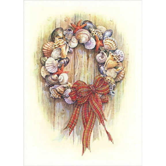 Red Farm Studios Shells Wreath with Plaid Bow Hanging on Wooden Door Box of 15 Coastal Christmas Cards