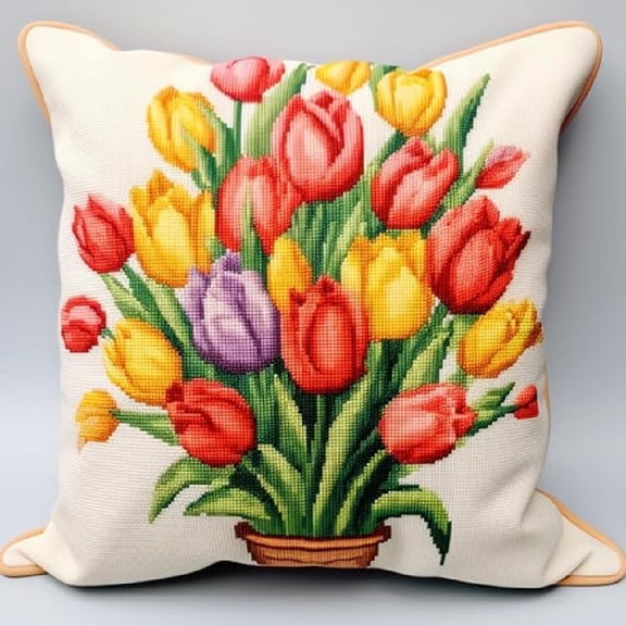 DIY Latch Hook Pillowcase Cross Stitch Latch Hook kit Throw Pillow 17x17inch - Tulip flowers