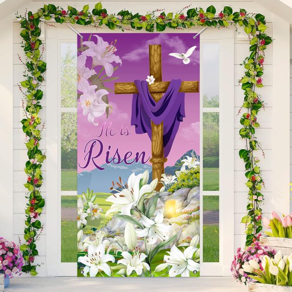 Happy Easter Day He is Risen Religious Cross Door Cover Decorations, Large Jesus Easter Party Christian Lily Faith Door Indoor Outdoor Decor,Spring Easter Day Celebration Party Decor Banner, 36X70IN