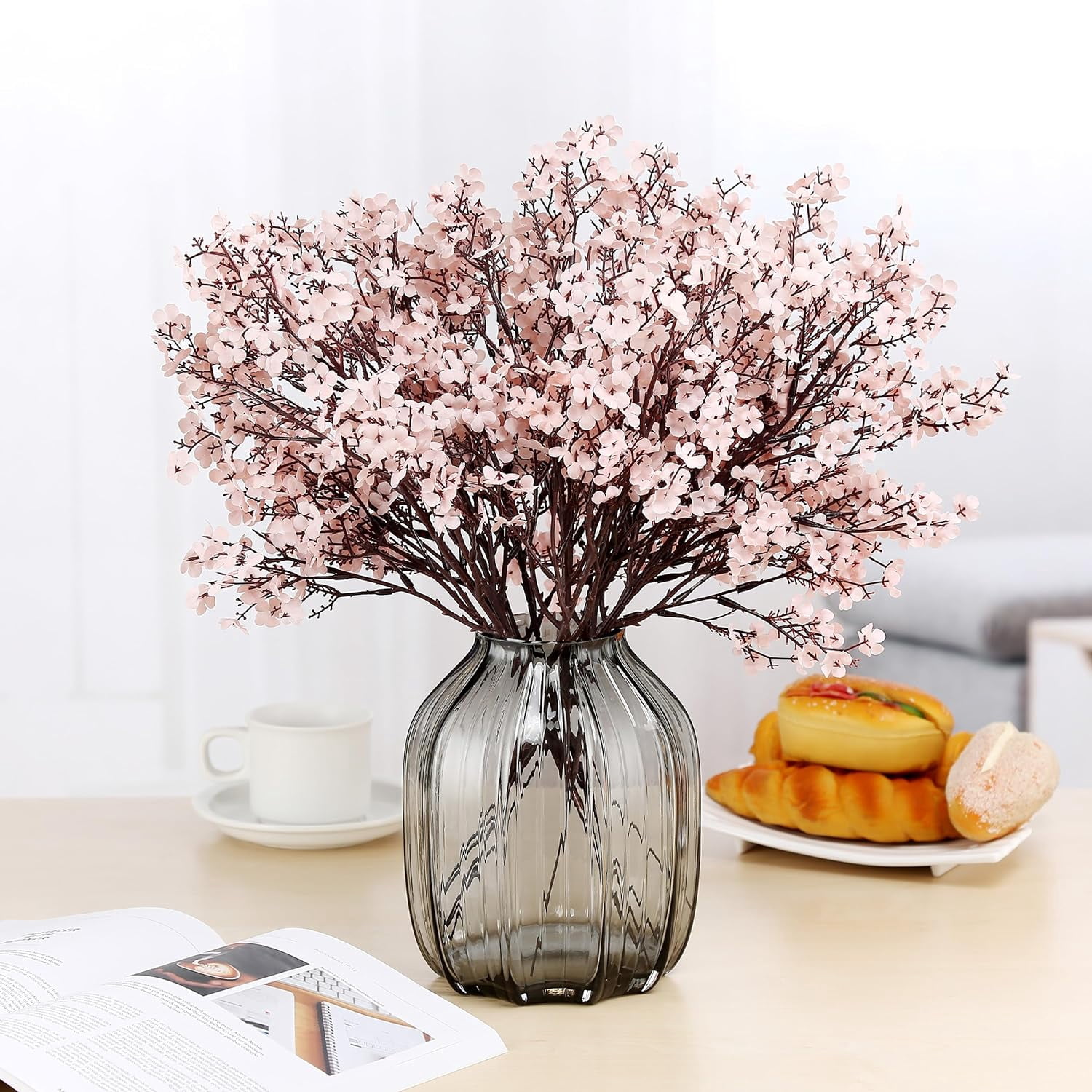Babys Breath Silk Artificial Flowers 6 Bundle European Fake Plants Decor Wedding Party Fall Stems Decoration Bouquets DIY Home Garden (Beige Brown-6pcs)