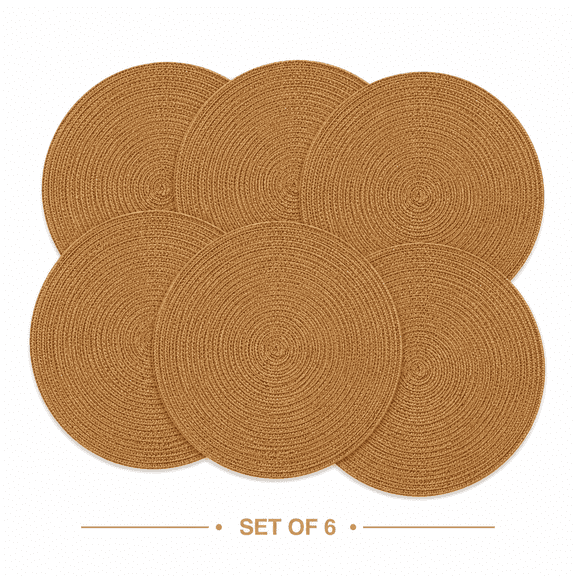 Shyamali Woven Placemats Set of 6, 16 " Round Braided Placemats for Dining Table, Heat-Resistant & Washable, Mustard