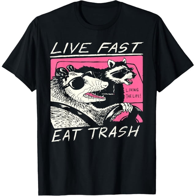 Funny Animal Meme Live Fast Eat Trash Quote Driving Camiseta