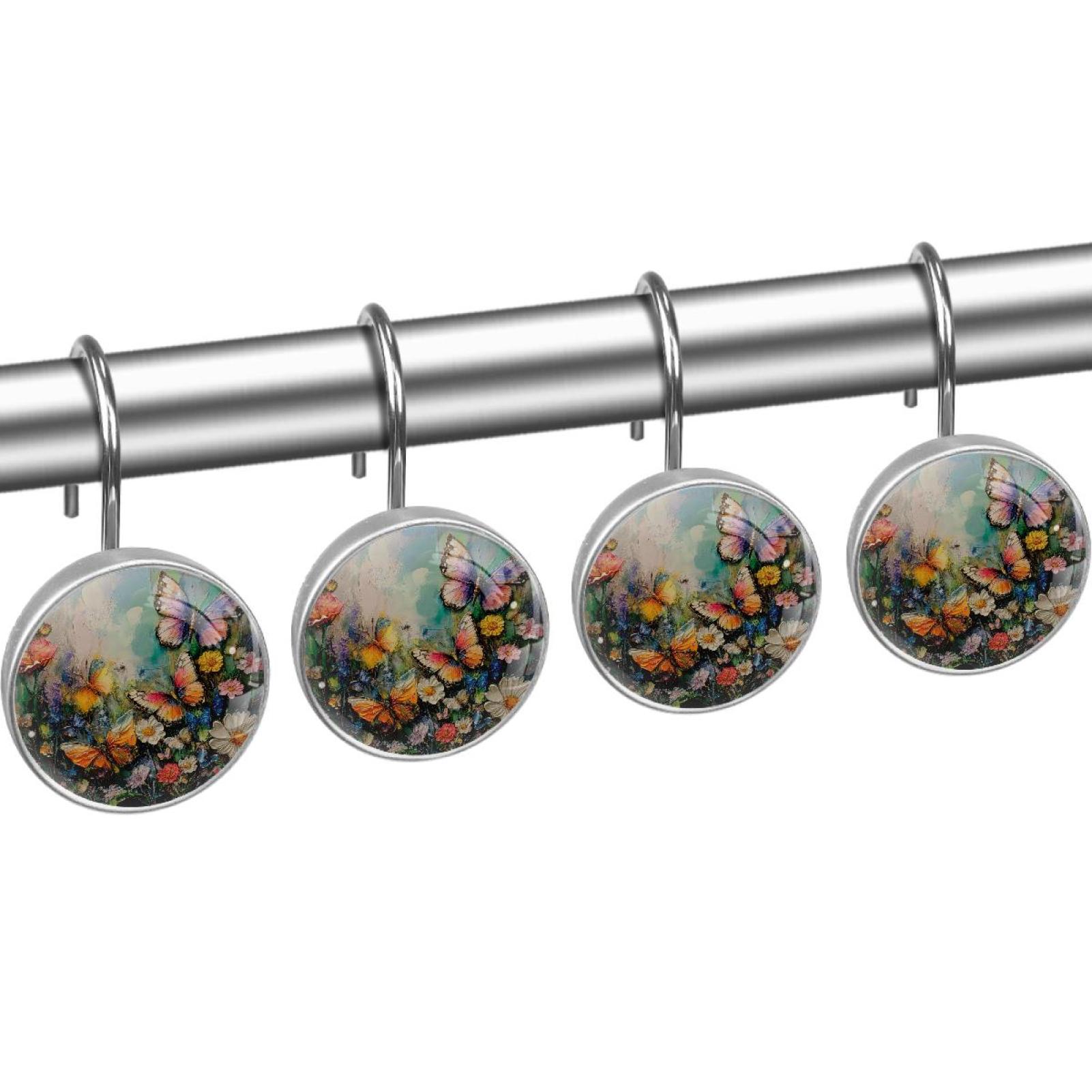 Butterfly Daisy Flower Painting Shower Curtain Hooks Round Crystal Glass, Set of 12 Shower Curtain Rings - Shower Hooks for Curtain Shower Rings