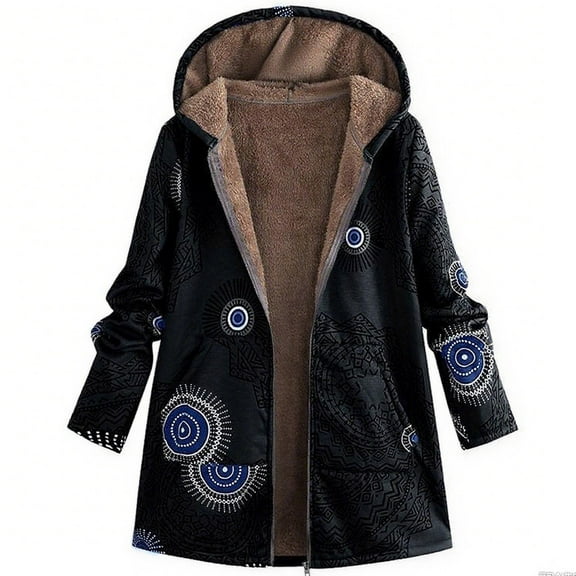 Women's Plus Size Patchwork Sherpa Fleece Lined Hooded Jacket Fluffy Winter Ethnic Style Warm Outwear with Pockets