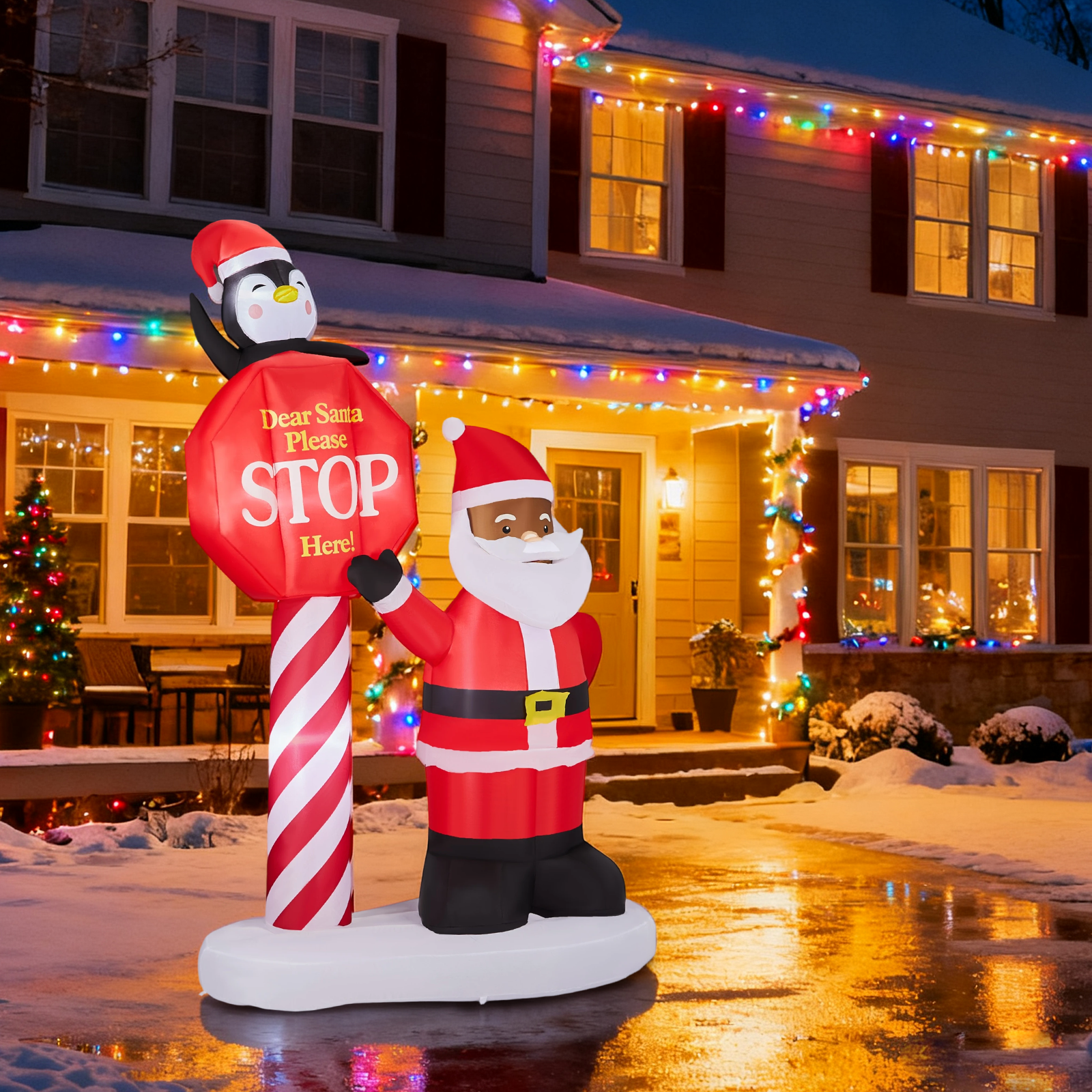 Astoutdoor Christmas Inflatable Decoration, Black Santa & Road Sign, 59.1 x 29.5 x 96.5 in, Built-in LED Lights, Blow Up Yard Decor