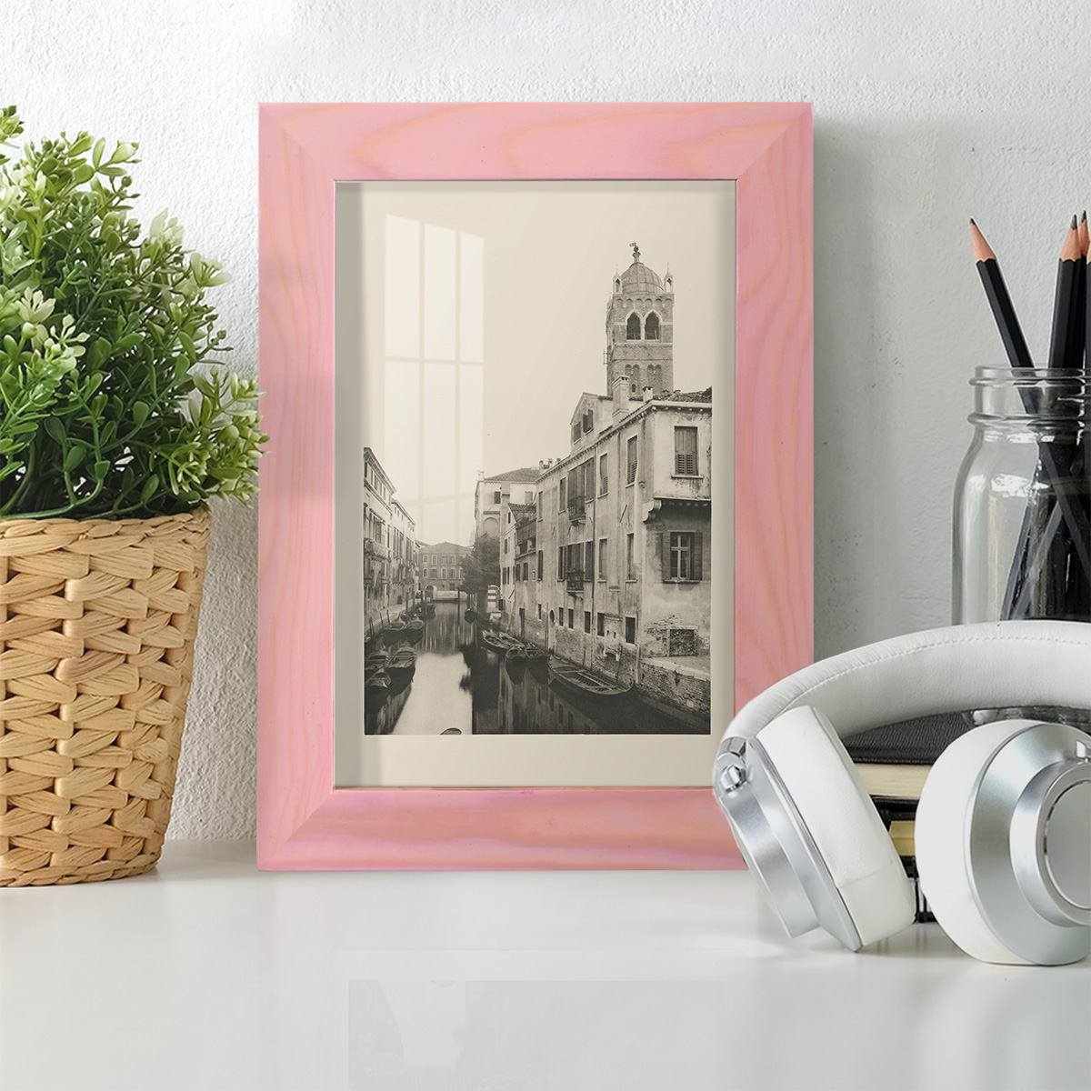 Vintage Views of Venice VII - Framed Print w/glass - Sunset Pink