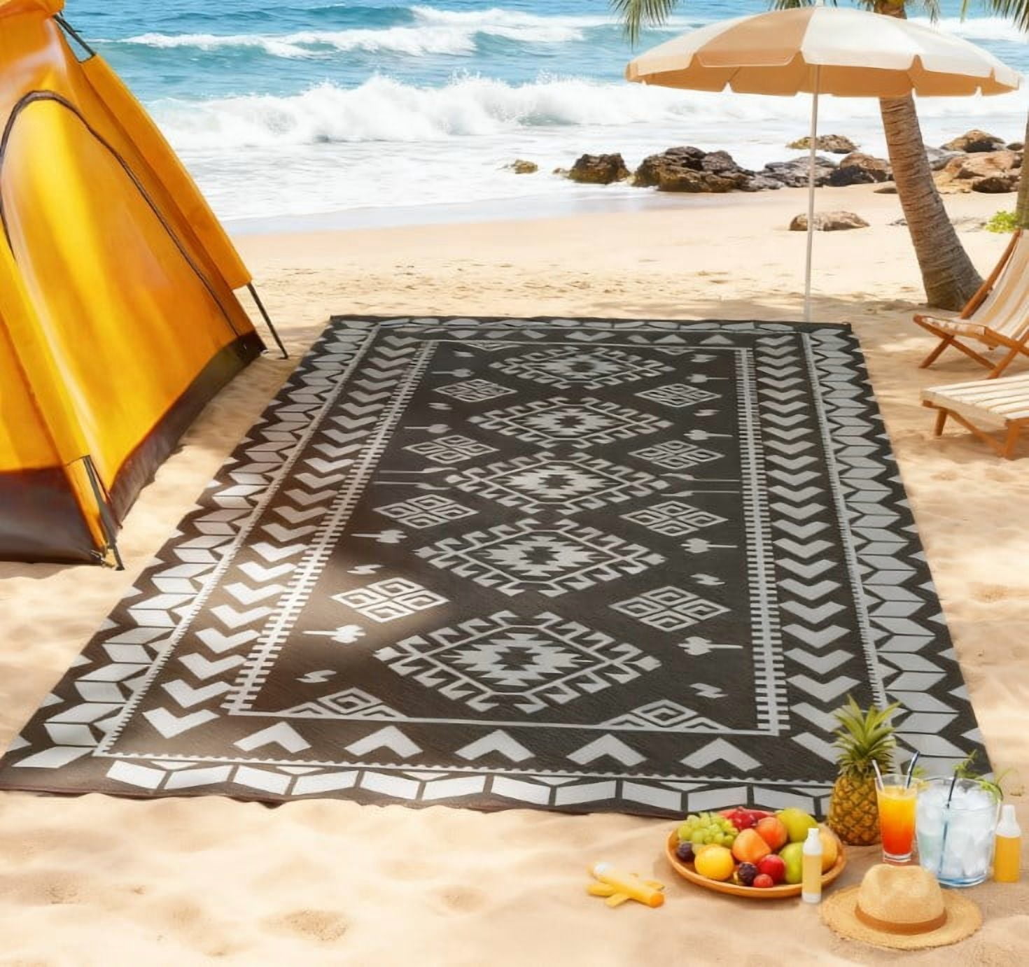 9' x 18' Black & Gray Rhombus Patchwork Reversible Outdoor Patio Rug, Waterproof Portable Camping Mat with Carry Bag, Foldable RV Carpet