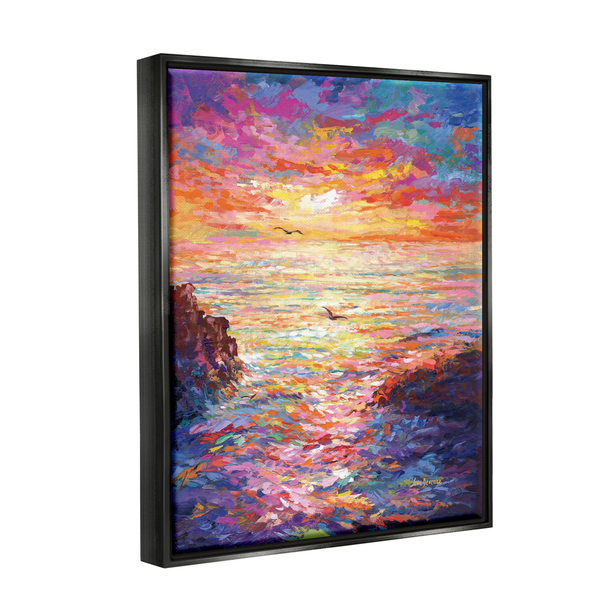 Stupell Industries Vibrant Abstract Ocean Sunset Landscape Painting Black Floater Framed Canvas Art Print Wall Art, 17 x 21
