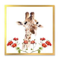 Designart 'Portrait of A Giraffe With Red Flowers I' Farmhouse Framed Art Print