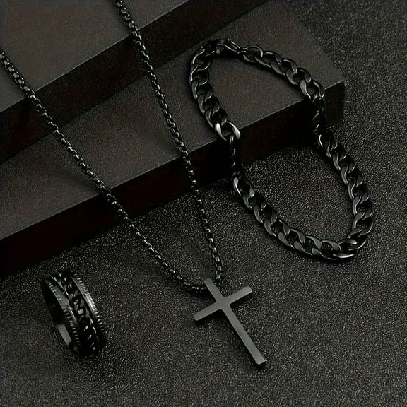 A 3-piece/set of men's multi-functional alloy jewelry, including a cross pendant necklace   bracelet   ring set
