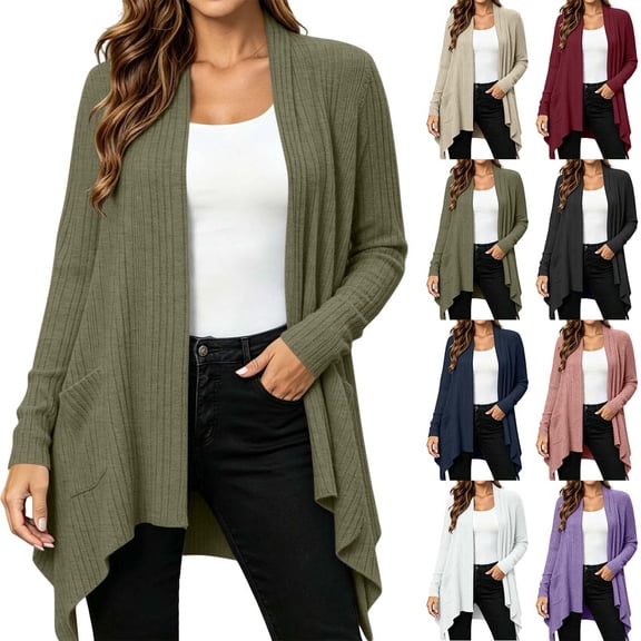 Frostluinai Womens Cardigan Sweaters Open Front Ribbed Knit Long Jackets Solid Lightweight Fall Handkerchief Hem Comfy Cardigans with Pocket S-2XL