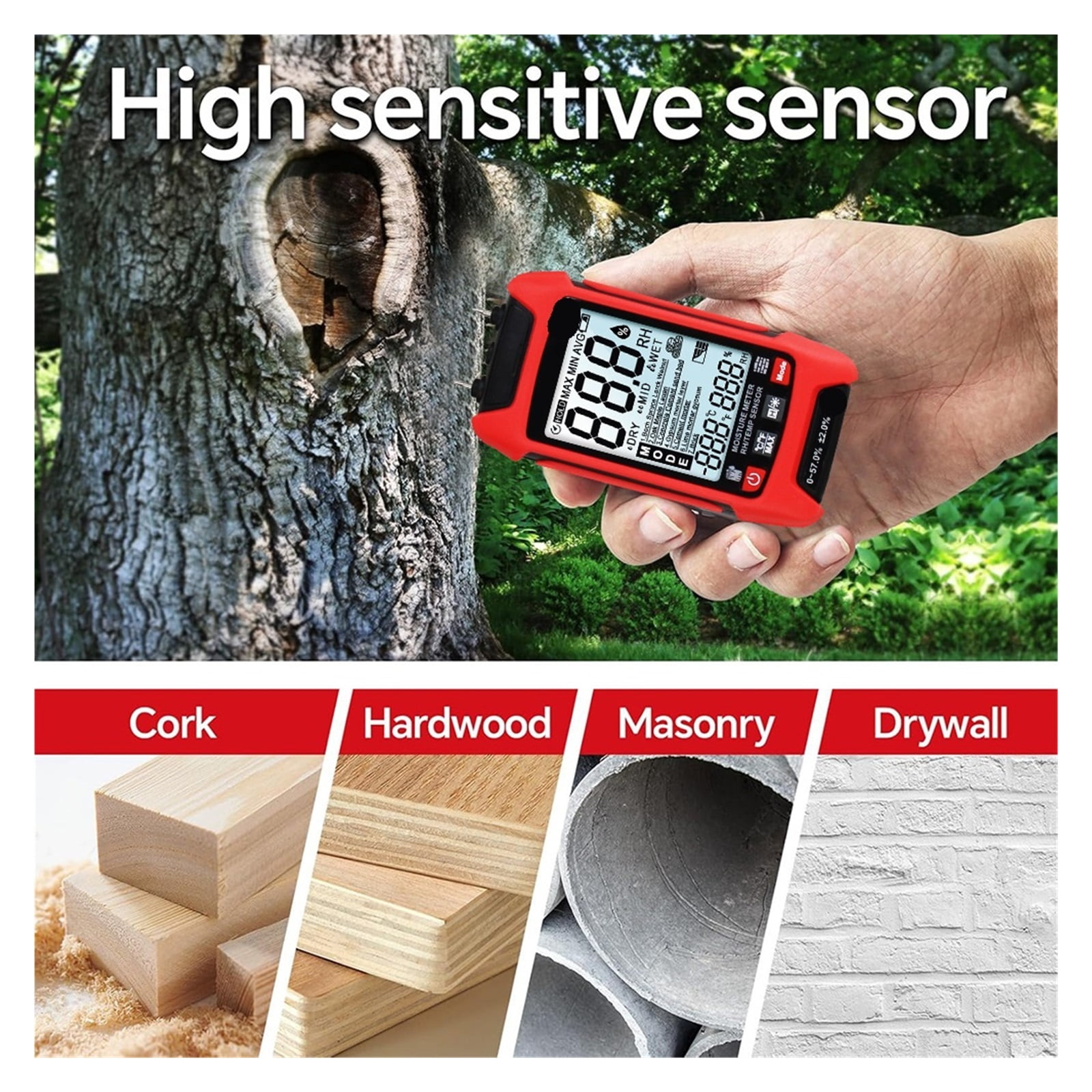 Probe Wood Moisture Detector Timber Hygrometer Display Digital Backlight Temperature Humidity Meter
