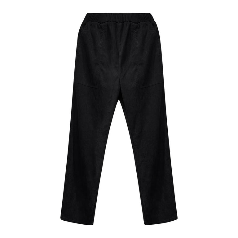 JWZUY Womens Solid Corduroy Pants Ankle-Length Elastic High Waist Pant  Taper Fall Winter Pants Black XL 