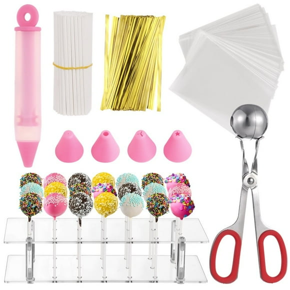 Cake Pop Maker Kit, Lollipop Treat Bag Set, Including 100 Lollipop Sticks, 100 Lollipop Wrappers, 100 Twist Ties, 1 Lollipop Stand, 1 Decorating Pen, 1 Meat Baller with Handle for Candies