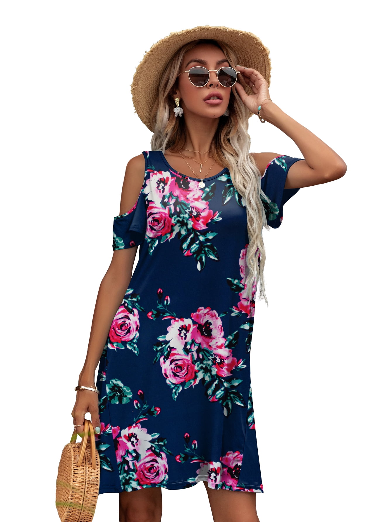 CALIPESSA Womens Summer Floral Print Cold Shoulder Short Sleeve Round ...