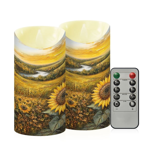 Wobogo Oil Painting Of Sunflower Flameless Candles with Remote Battery Operated Flickering LED Candles with Timer 2/4/6/8H Medium Size