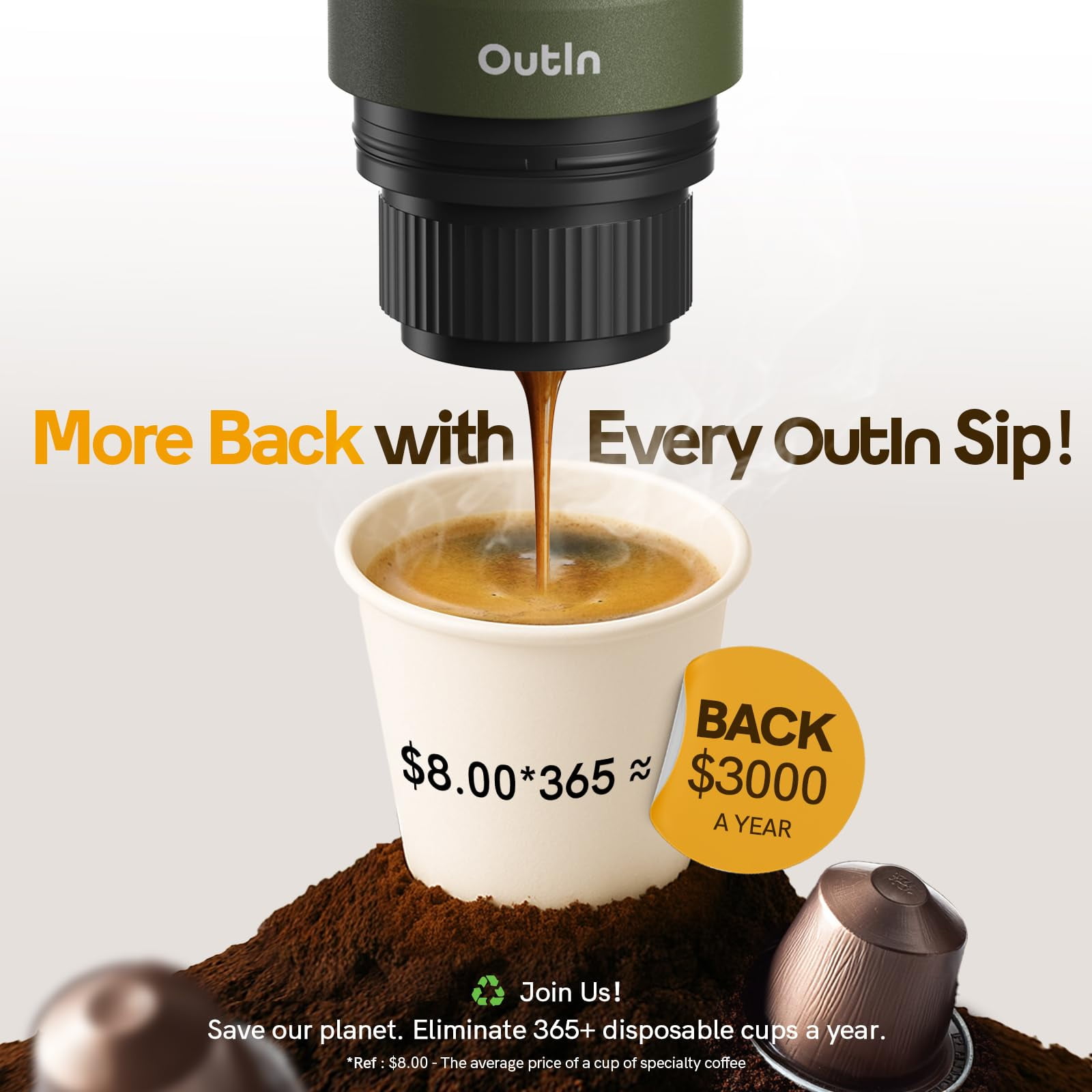 OutIn Nano Portable Electric Espresso Machine - Space Grey - Self-Heating Travel Coffee Maker w/USB-C, Works with Ground Coffee & Nespresso Capsules