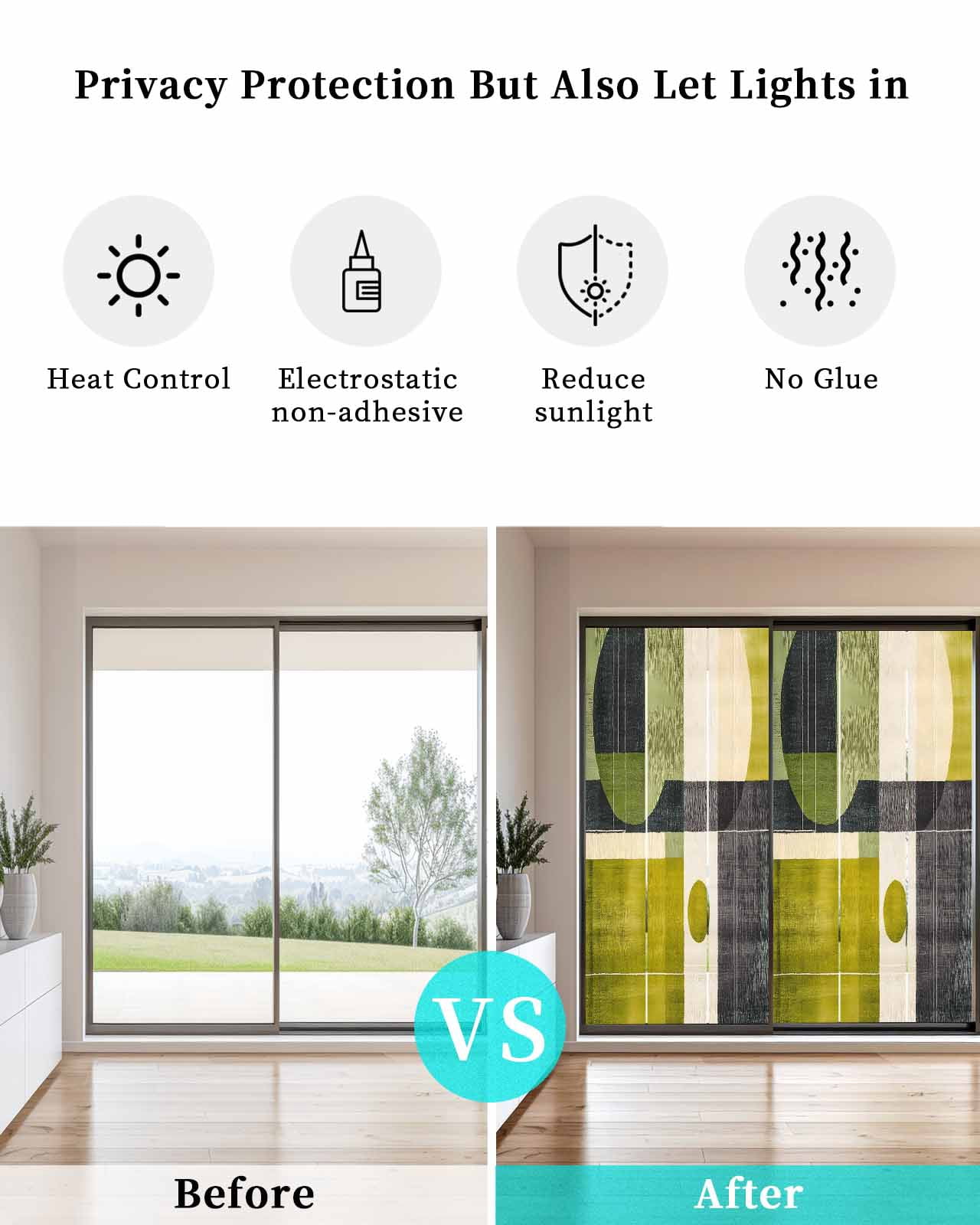Window Privacy Film Geometric Green Stained Glass Window Film Decorative Sun Block Window Cover Middle Century Simple Abstract Art Window Clings Static Adhesive Sticker for Bathroom 23.6"x59"