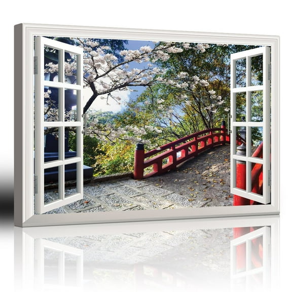 wall26 - Modern White Window Looking Out Into a Red Bridge Surrounded by Beautiful Trees - Canvas Art Home Art - 24x36 inches