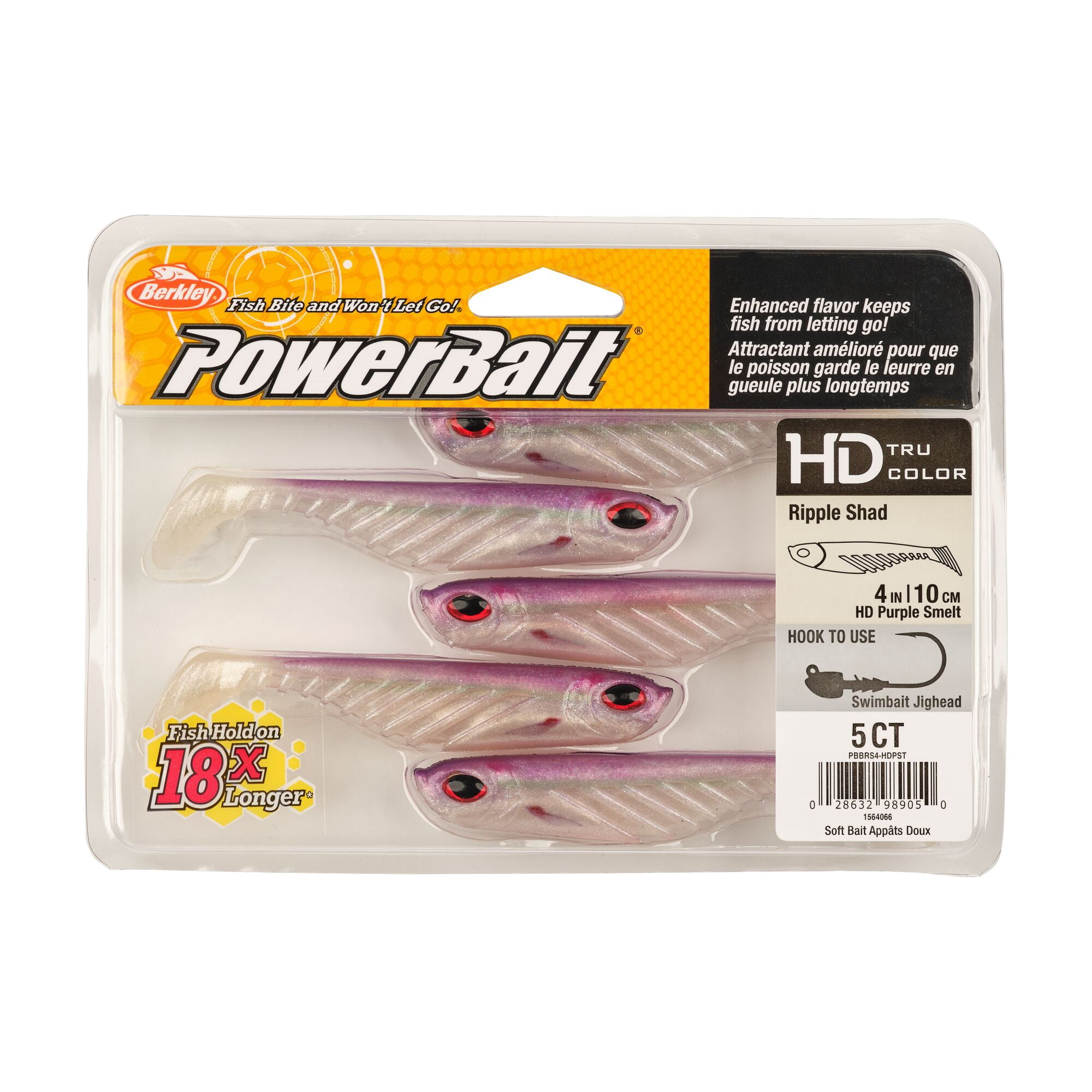 Berkley PowerBait® Ripple Shad, 4 in, Swimbaits, HD Purple Smelt (5 Count)