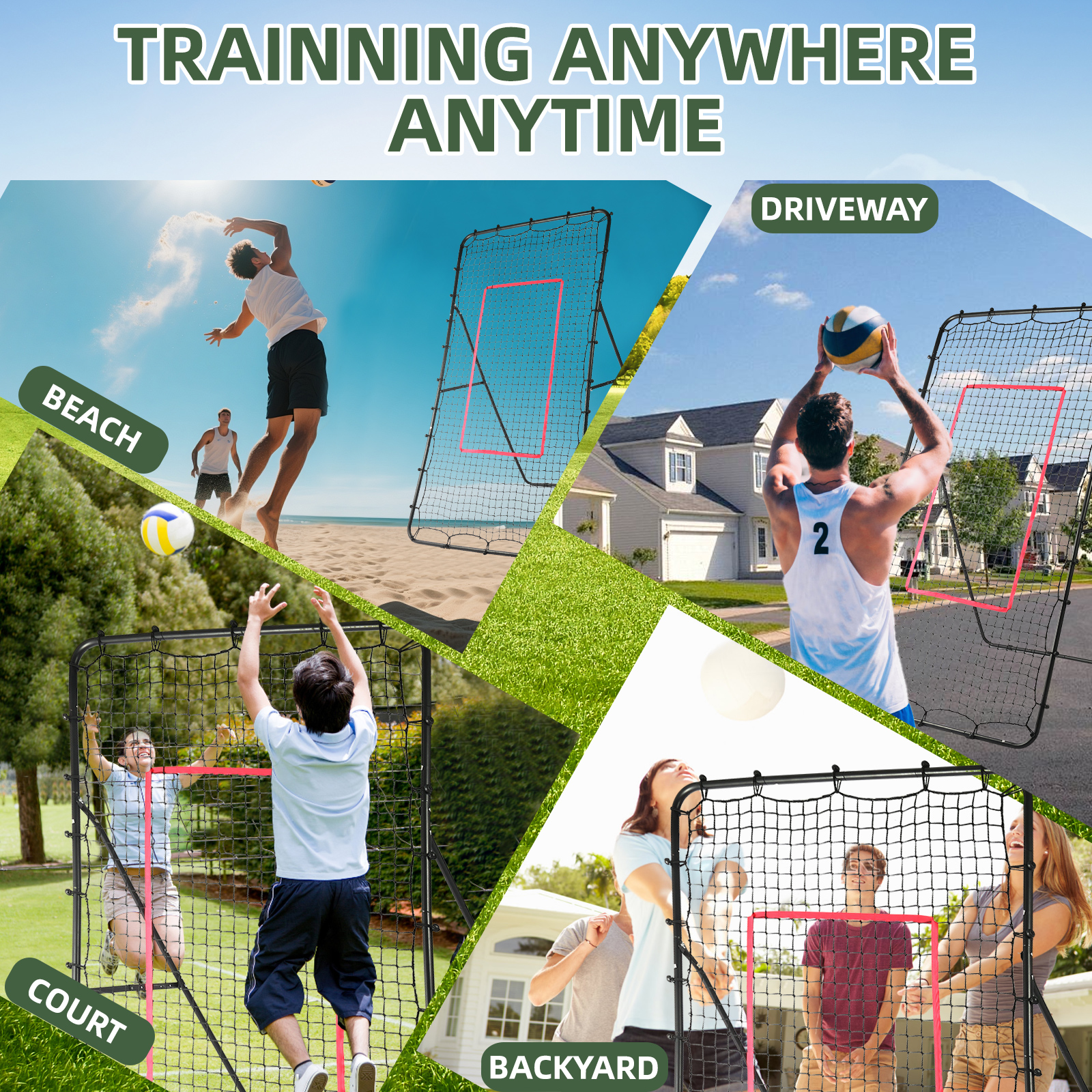Volleyball Rebounder Net, 7x4ft Baseball Lacrosse Soccer Rebound Pitchback Net, Bounce Back Training Equipment with Angle Customization for Practicing Volleying, Bumping, Spiking