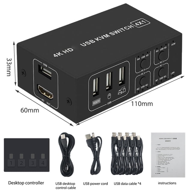 4 Ports HDMI KVM Switch 4K@30HZ/1080P@60HZ USB HDMI KVM Switcher 4 in 1 Out USB HDMI Share Monitor Mouse Keyboard Camera Printer W/ Desktop Controller