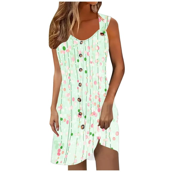 Tnhcen Women's Spring/Summer Vintage Print Buttoned V-neck Tank Dress Decorative Buttons Lightweight Sleepwear for Beach/Home/Lounging S-2XL