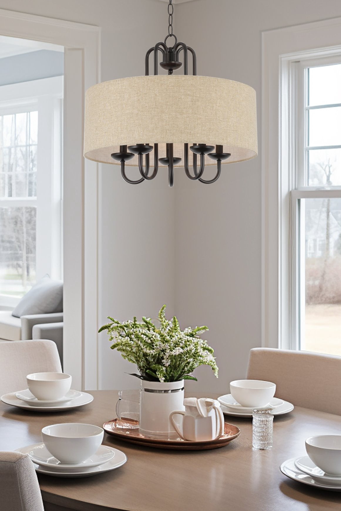 Kira Home Gwenyth 20" Farmhouse Drum Chandelier, Oatmeal Linen Shade, Rustic Arched Metal Hanging, Oil Rubbed Bronze