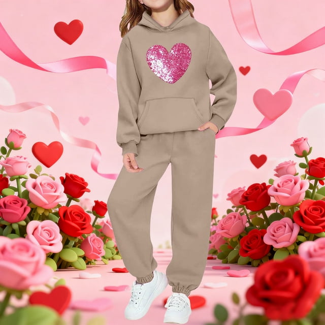 Conjunto de sudadera con capucha de manga larga para niños con estampado en forma de corazón y pantalones deportivos con lazo en las piernas, conjunto deportivo informal de dos piezas para niños, poli