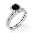 thumbnail image 4 of JeenMata Halo Prong Set - 1.5 Carat Cushion Cut Lab Created Black Diamond and Moissanite - Pave Twisted Infinity Wedding Ring Set - 18K White Gold Plating over Silver, 4 of 7