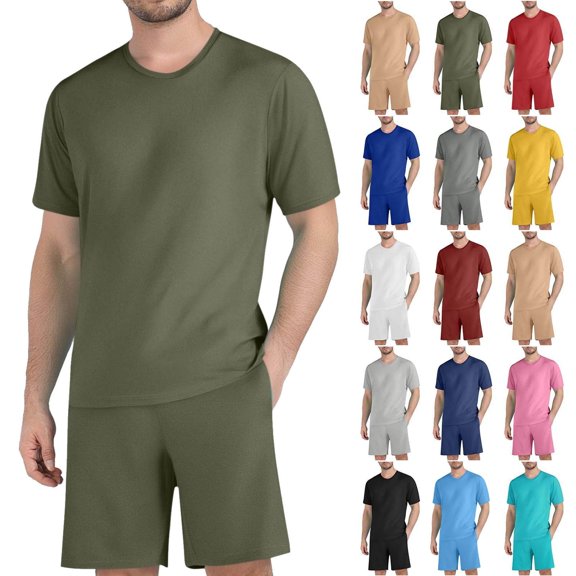 Men's Short Sleeve Round Neck T-Shirt and Drawstring Pocket Shorts 2 Piece Set for Casual Running Fitness Exercise Beach Outfits Vacation Loungewear Daily Wear | Ihhxva,Army Green L